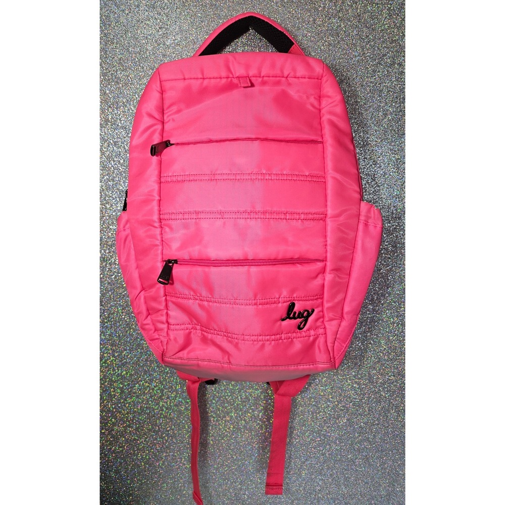LUG Hopper Backpack Neon Pink Magenta‎ Quilted Floral Lining Travel Bookbag Bag